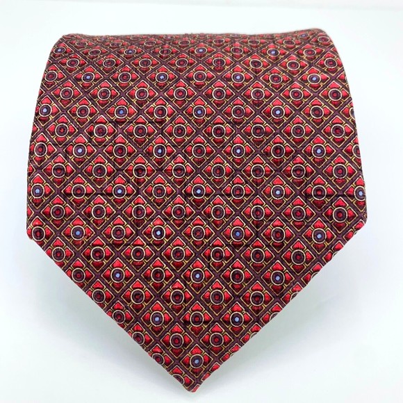 KOLTE Couture Red Plaid Circles Dots Geometric 100% Silk Necktie Hand Made Italy - Picture 2 of 12